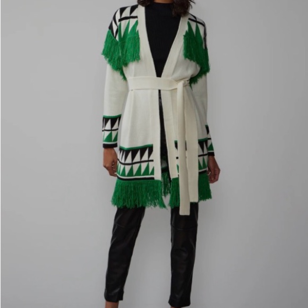 New York & Company Green and White Knit Cardigan Large NWOT